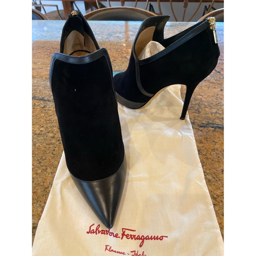 Ferragamo Black Suede/Leather Booties 9 BRAND NEW